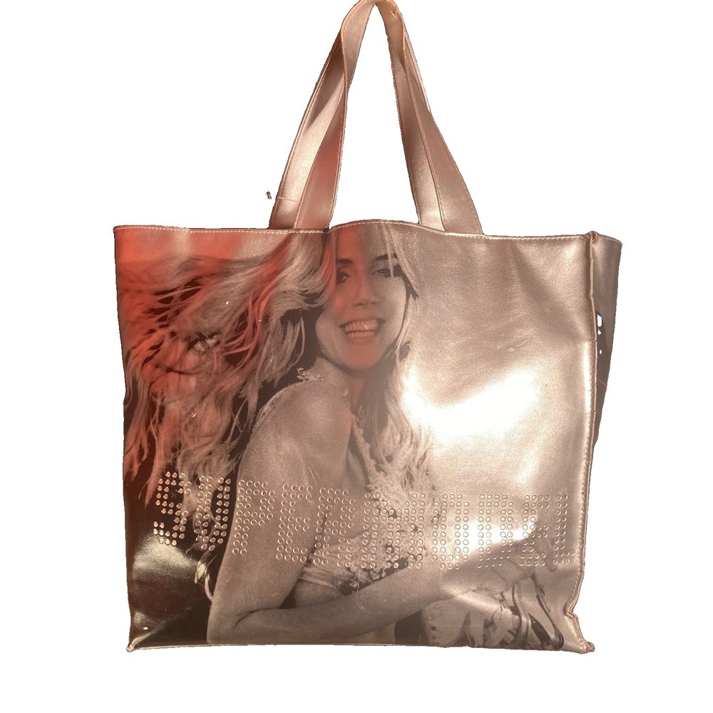 Victorias Secret Large Tote Bag Silver Vinyl Super Model Heidi Klum Faux Leather